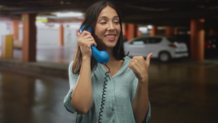 Young brunette woman holding a blue telephone receiver points thumb over shoulder inside dim parking building near parked cars; playful mischief.