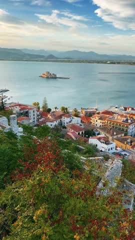 Panoramic high angle view of the city of Nafplion and the Argolic Gulf on the Peloponnese Peninsula in Greece