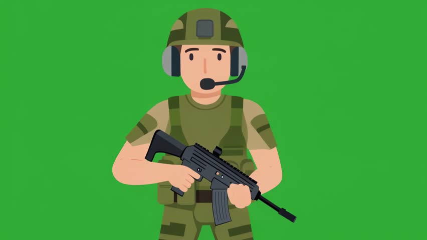 Animated soldier gearing up with rifle and headset in stylized military training