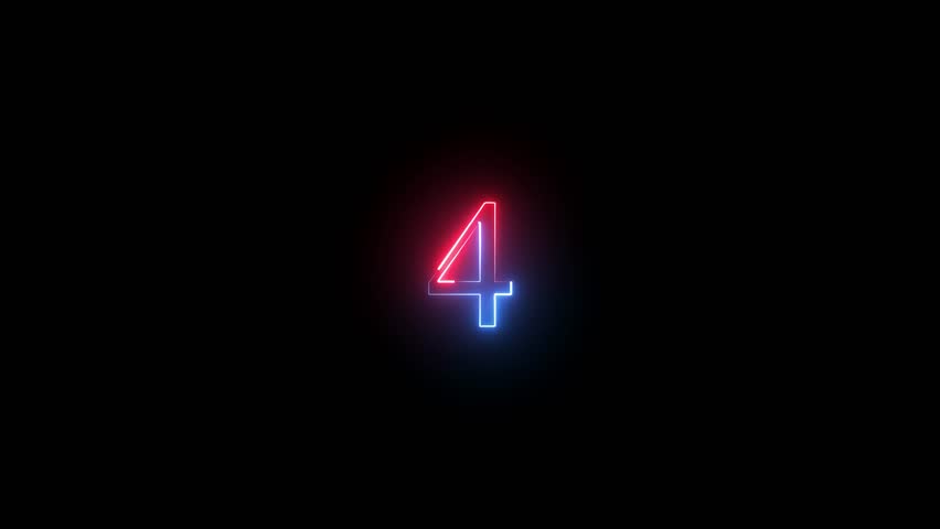 glowing neon text 4 number countdown icon animation on black background.