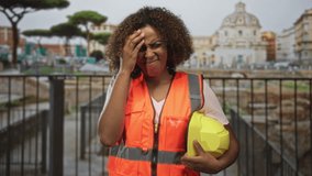 Woman technician in orange high visibility vest holding yellow hard hat with hand to forehead at ancient building ruins site; work stress. - Powered by Shutterstock - Get 15% off with code: PIKWIZARD15