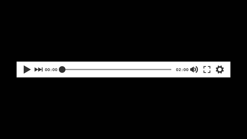 Animation of a black video player control bar with a progress bar on a transparent background