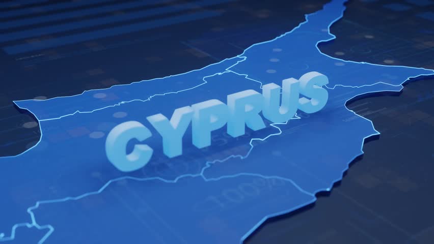 Cyprus Map Futuristic Digital Background. A dynamic animation of Cyprus's map with glowing text and futuristic UI elements. Ideal for local business, news, and tech.