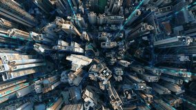 Aerial city view with glowing network lines symbolizing global business, data connections, and futuristic digital communication technology in an urban environment. - Powered by Shutterstock - Get 15% off with code: PIKWIZARD15