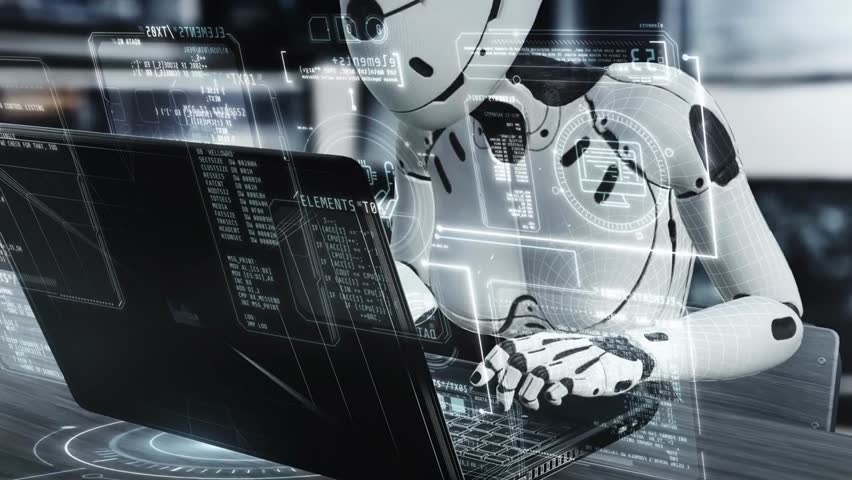 Futuristic robot programming advanced software using a laptop and holographic interface, symbolizing artificial intelligence, automation, and next-generation technology. - Powered by Shutterstock - Get 15% off with code: PIKWIZARD15