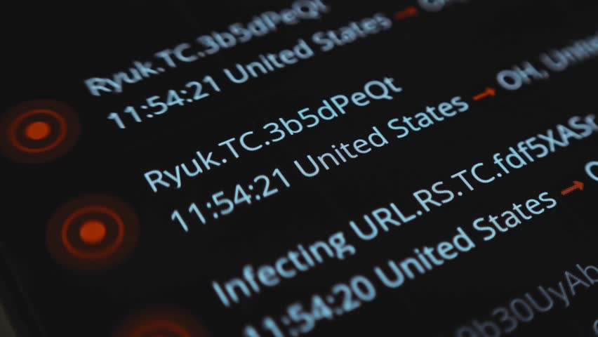 Real-time detection of malware, phishing and exploits shown with source-to-target connections on an animated cybersecurity map and alert dashboard.