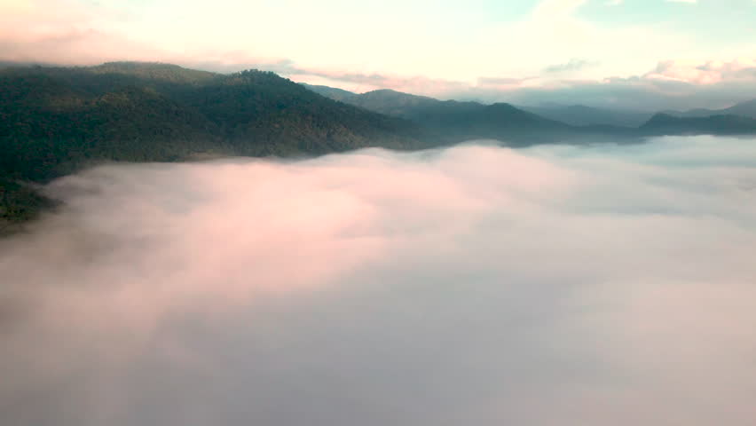 Landscape of Morning Mist with Mountain Layer. mountain ridge and clouds in rural jungle bush forest
