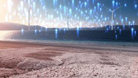 Digital Technology and Renewable Energy: Wind Turbines on the Sea Shore with Abstract Light Effects. - Powered by Shutterstock - Get 15% off with code: PIKWIZARD15