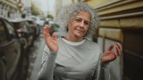 Woman with curly grey hair stands on an urban street, expressing various emotions, amidst parked cars and blurred buildings in the background. - Powered by Shutterstock - Get 15% off with code: PIKWIZARD15