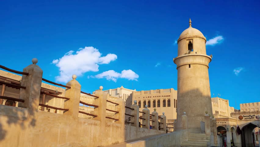DOHA, QATAR Architecture of center of Doha near Souq Waqif, popular touristic destinationDOHA, QATAR - MARCH 5, 2019: Corridor of the Souq Wakif Mosque. Souq Wakif is the popular traditional market in
