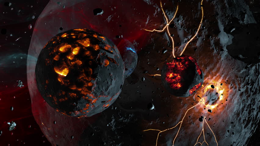 
Exploding Planets in Deep Space
Several planets collide and erupt in fire and molten lava, surrounded by debris and glowing cosmic energy.
