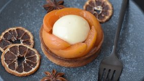 Pie, sweet round tart with apricot pieces, cream and nuts. Sweet tart with peach as a food background - Powered by Shutterstock - Get 15% off with code: PIKWIZARD15