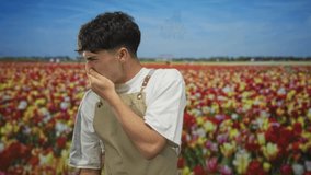 Man pinching nose in spring tulip field holding hand to nose and squinting eyes; disgust pollen allergy. - Powered by Shutterstock - Get 15% off with code: PIKWIZARD15