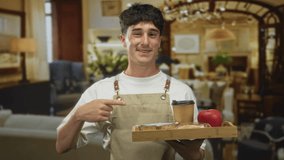 Man wearing apron points finger to wooden tray with coffee and apple in living room; cheerful hospitality service. - Powered by Shutterstock - Get 15% off with code: PIKWIZARD15