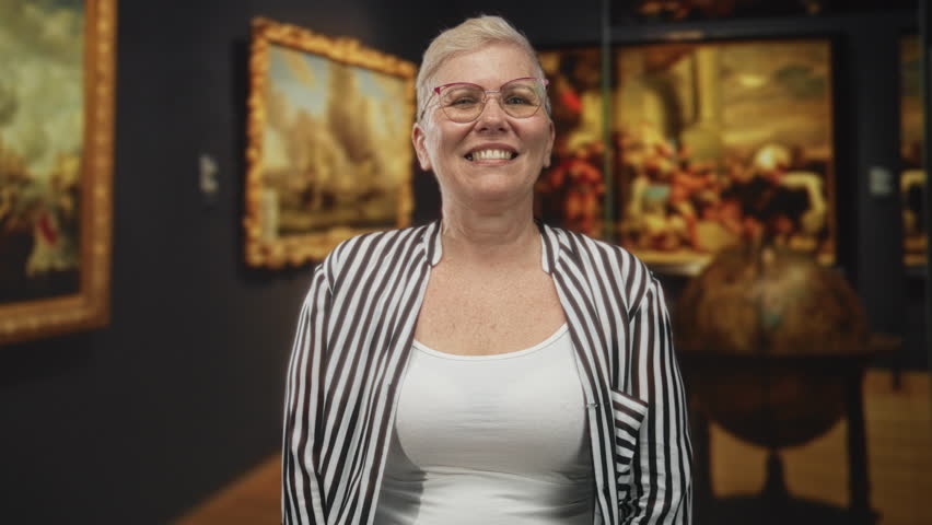 Woman smiling with glasses and striped open shirt showing bare chest in art gallery building among framed paintings; joy curiosity culture.
