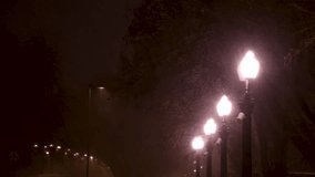 Night winter street lamp with falling snow. Lanterns in evening park. Beautiful snowfall for Christmas. Snowflakes falling in magical city. Xmas and New Year. - Powered by Shutterstock - Get 15% off with code: PIKWIZARD15