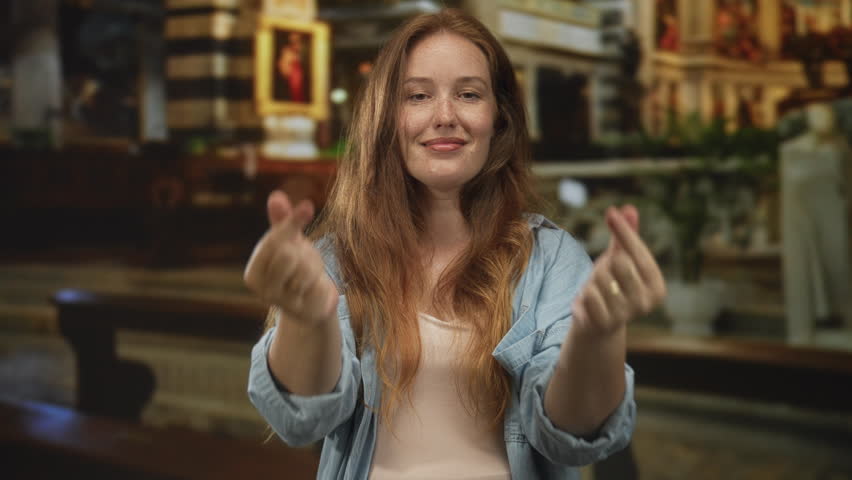 Woman making finger hearts with bare hands in church near wooden pew in denim shirt; devotion serenity.