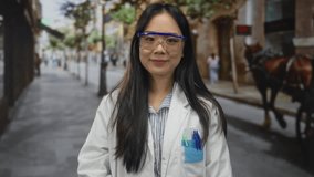 Young chinese scientist woman in uniform standing confidently outdoors on a vibrant city street dressed in a lab coat with glasses under bright daylight. - Powered by Shutterstock - Get 15% off with code: PIKWIZARD15