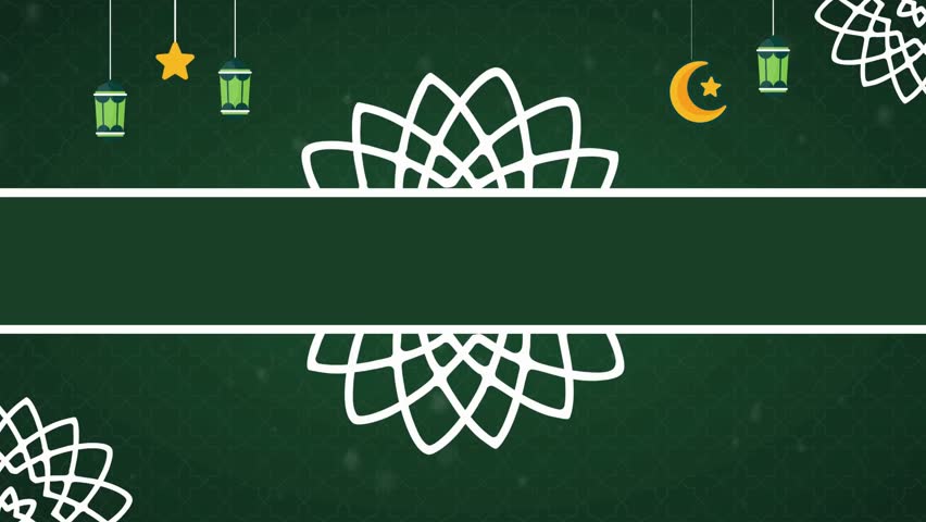 Minimalist Green Ramadan or Eid Background with white Islamic geometric motifs, a divided banner space, and hanging lanterns, stars, and crescent moon symbols. Clean and modern. 