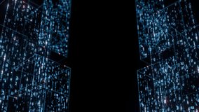 Futuristic digital data floating binary code and glowing blue cubes for technology, cybersecurity, blockchain, and artificial intelligence. Seamless loop background.. Created using non-AI 3d software - Powered by Shutterstock - Get 15% off with code: PIKWIZARD15