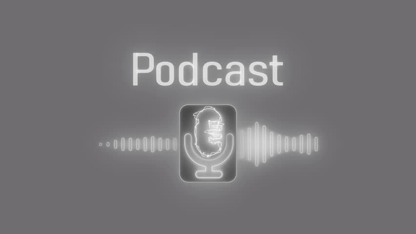 Stylized Podcast Graphic with Microphone Icon Animation, A stylized graphic featuring the word Podcast in bold letters above a microphone icon
