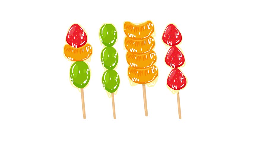 Colorful tanghulu skewers with glossy strawberries, mandarins, and grapes. Perfect for food-themed designs, street snack content, cultural illustrations, and festive culinary visuals.