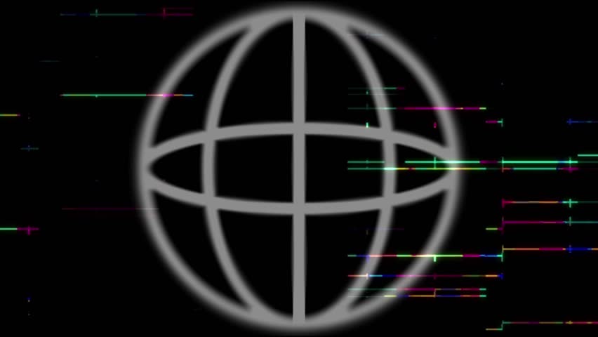 A rotating digital globe animation with horizontal glitch lines and neon effects, symbolizing technology and global connection. - Powered by Shutterstock - Get 15% off with code: PIKWIZARD15