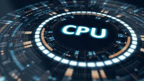 Motion graphic of glowing CPU text inside a futuristic circular HUD interface representing central processing technology with data flow visualization and blue orange glow. - Powered by Shutterstock - Get 15% off with code: PIKWIZARD15