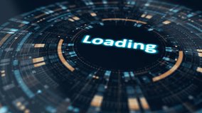 Motion graphic of futuristic HUD interface with glowing blue loading text and animated circular data visualization elements in a digital dashboard style. - Powered by Shutterstock - Get 15% off with code: PIKWIZARD15