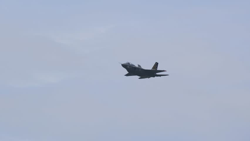 Korean twin-seat KF-21 Boramae fighter performing a demonstration flight.