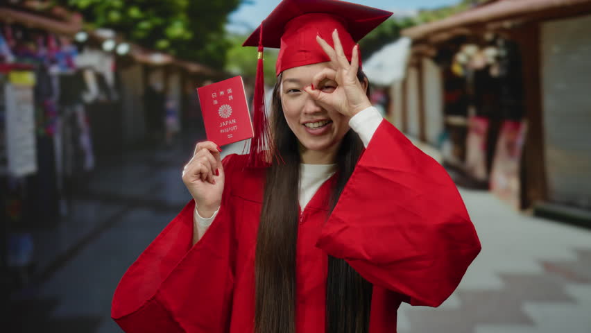 Japanese woman in graduation gown holds passport while standing outdoors in a street market showcasing vibrant cultural background.