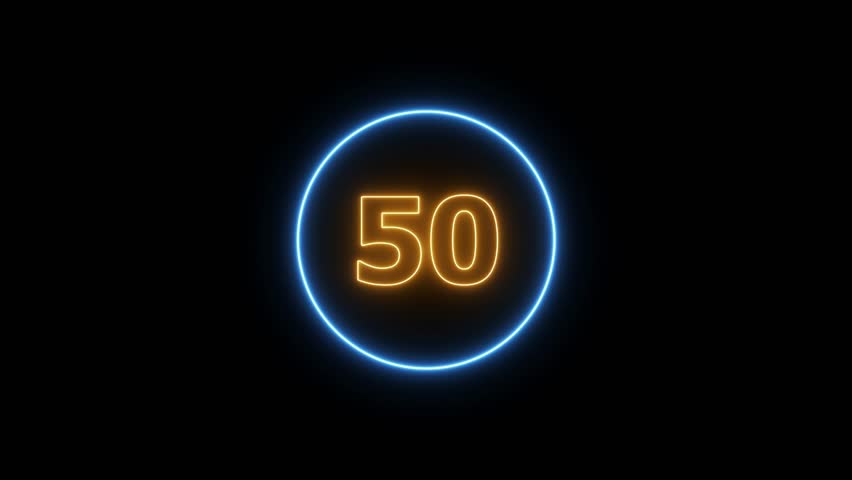 A 50 seconds countdown timer animation with large bold digital numbers counting down smoothly from 50 to 0. The design can be minimal, neon glowing,