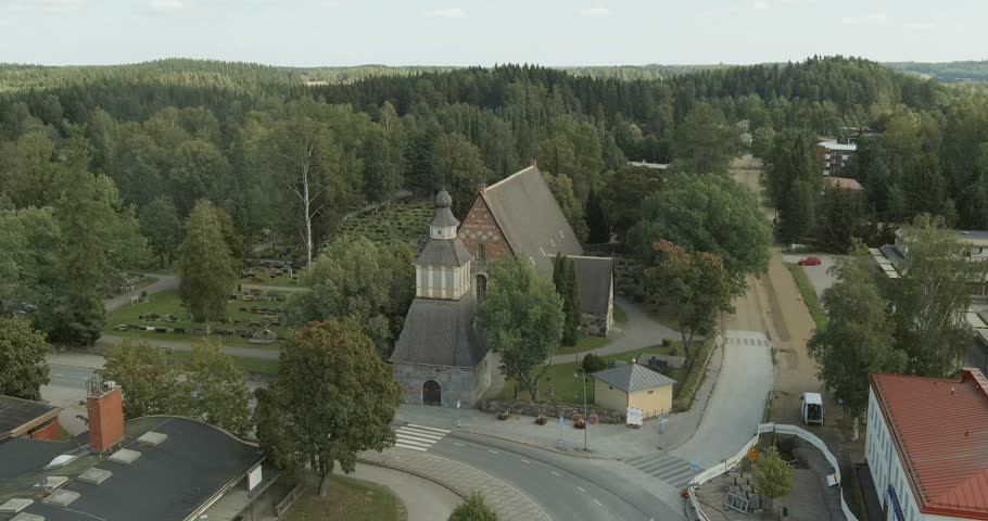 Aerial view of Lammi church, is a medieval stone church located in Lammi, in summer, Hämeenlinna, Finland.