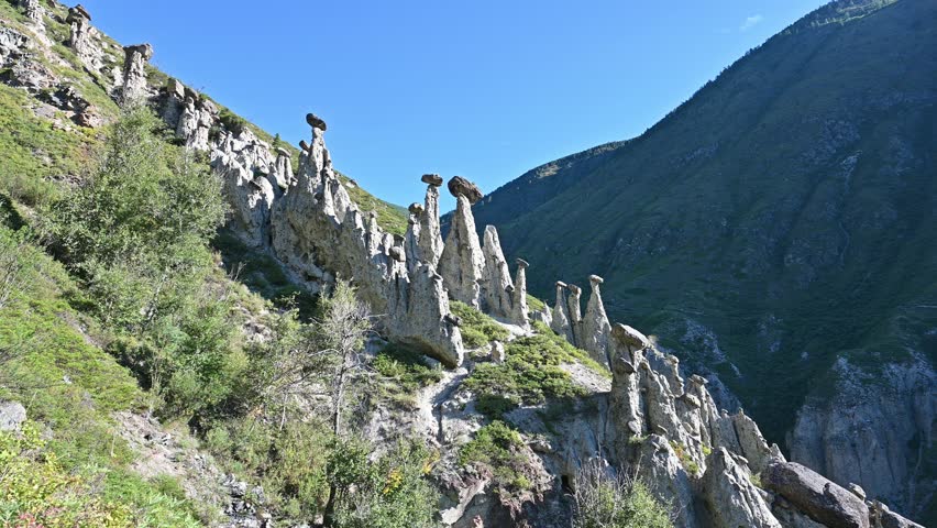 Landscape with a unique natural phenomenon of Stone Mushrooms. Altai Republic, Russia
