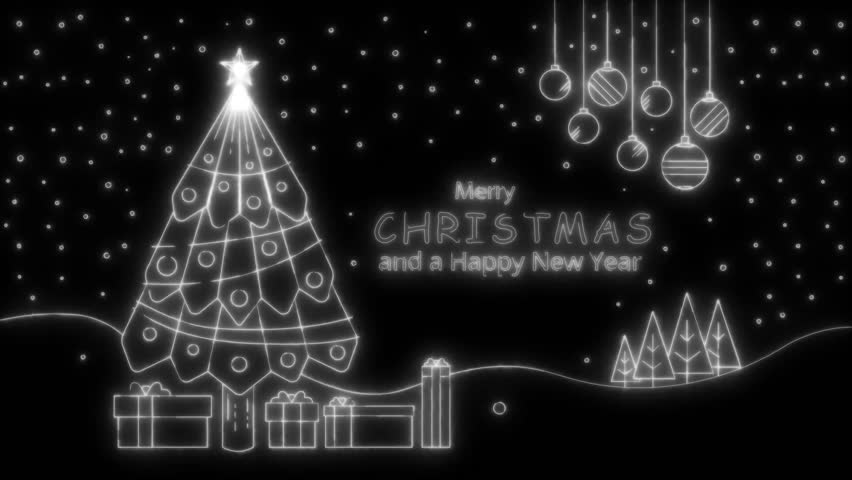 Glowing neon Christmas tree animation with falling snow and Merry Christmas  Happy New Year text on a transparent background. Perfect for holiday greetings intros, and festive motion graphics