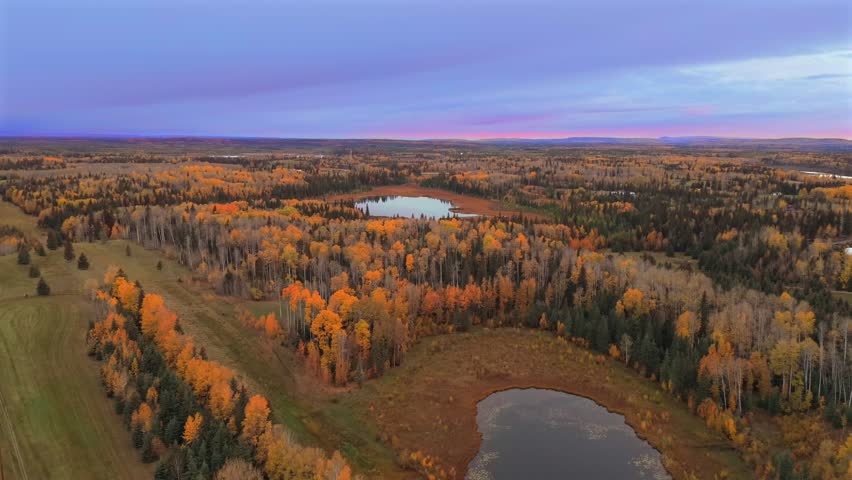 Aerial view of autumn forest, reflective pond, and railway at sunset in Alberta, Canada
