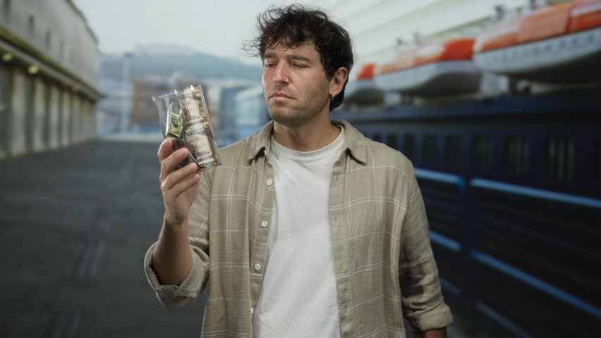 Hispanic man holds dollars and gestures stop at a port with boats in the background.
