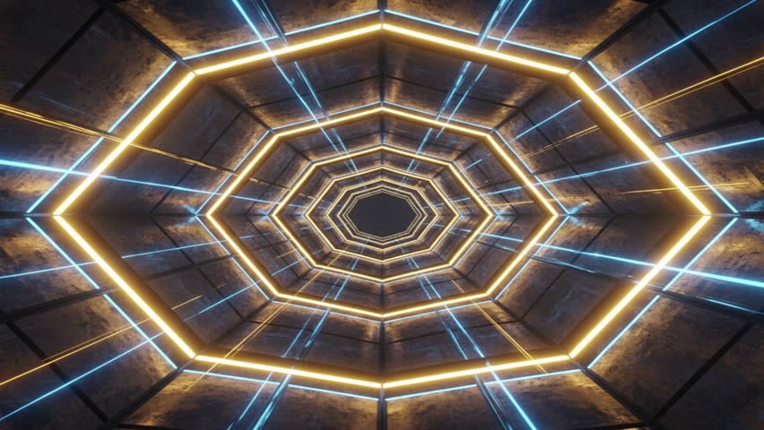 Gold neon rings with futuristic tech flow and depth space