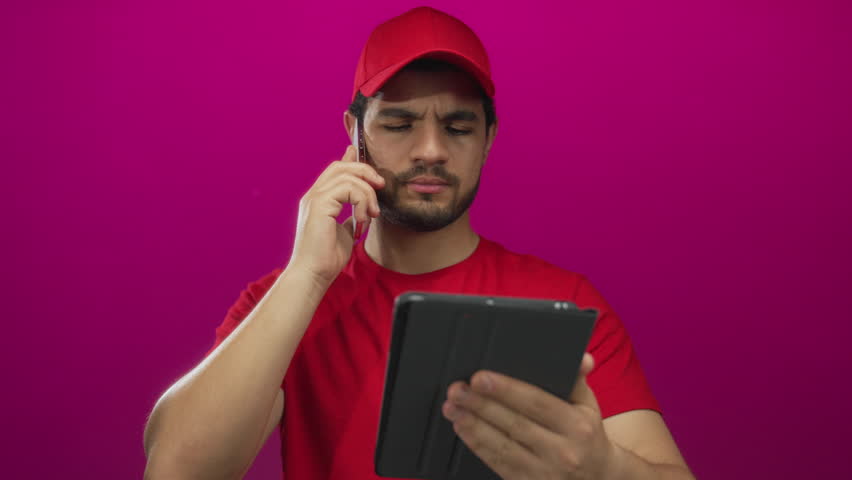 Young man holds smartphone and tablet against neon pink studio wall with focused expression; efficiency.