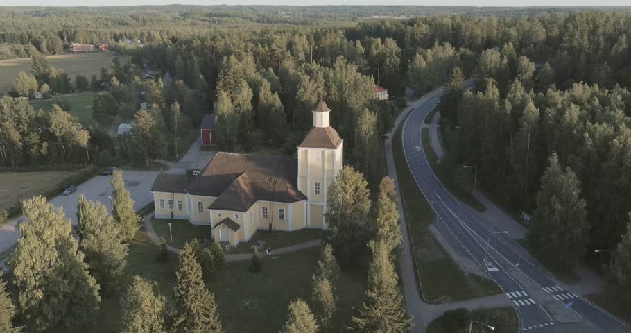 Aerial view of Hausjärvi churchis a wooden cruciform church in sunny summer weather, Finland.