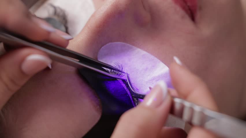 Ultraviolet eyelash extension procedure, Beautiful woman with long lashes in beauty salon.
