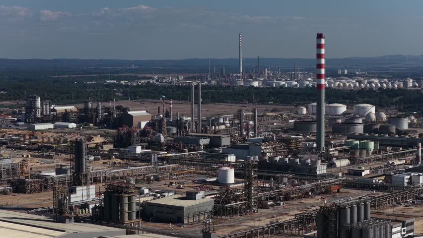 Aerial view of big refinery zoom lens 