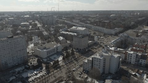 Aerial Panoramic View of Theater Square in Ryazan on a Sunny Winter Day