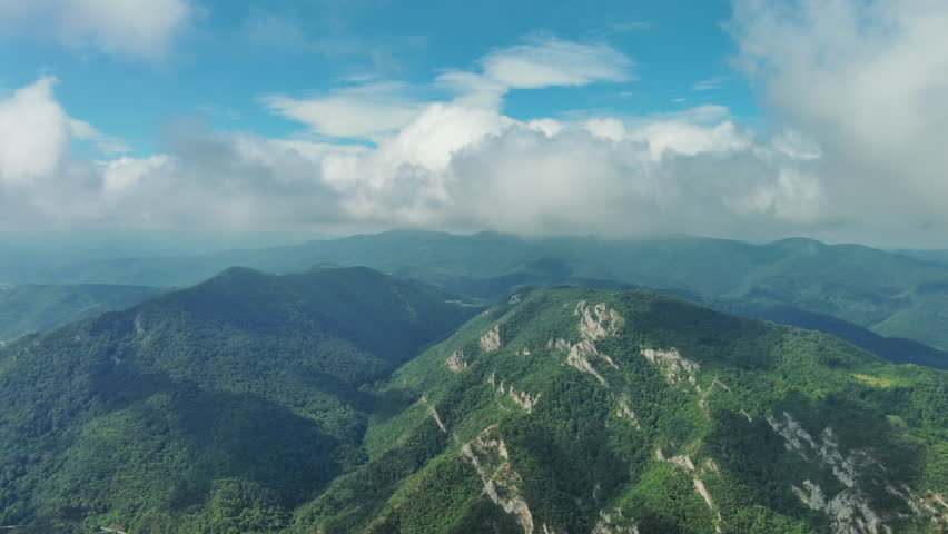 Aerial view on the Danube river and mountains in Djerdap National Park, Serbia Romania border, panorama 4k