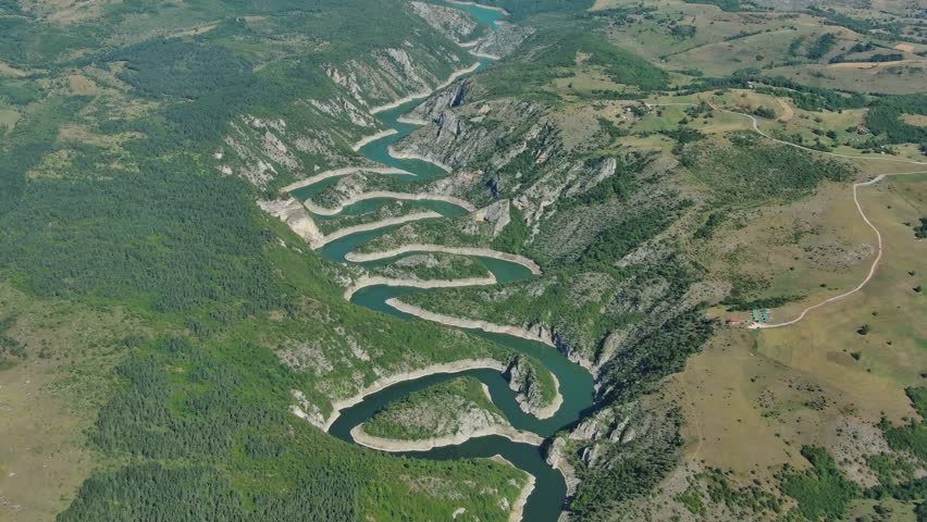 Aerial view of curved meanders in canyon of Uvac river, Serbia, 4k