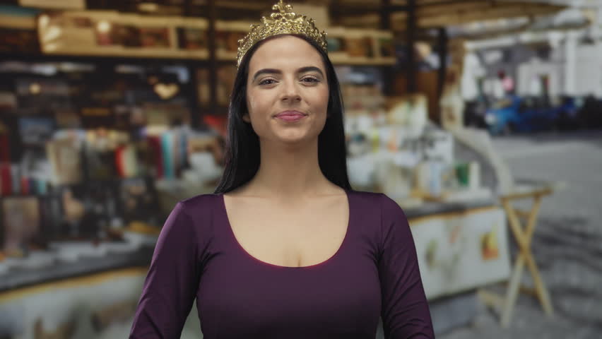 Woman with crown standing outdoors in a vibrant market setting, wearing a purple dress, showcasing cultural flair and confident presence in a lively shopping environment.