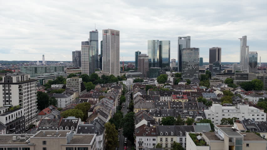 Aerial view of Frankfurt am Main skyline in Germany. Financial district showing modern skyscrapers and traditional residential houses
