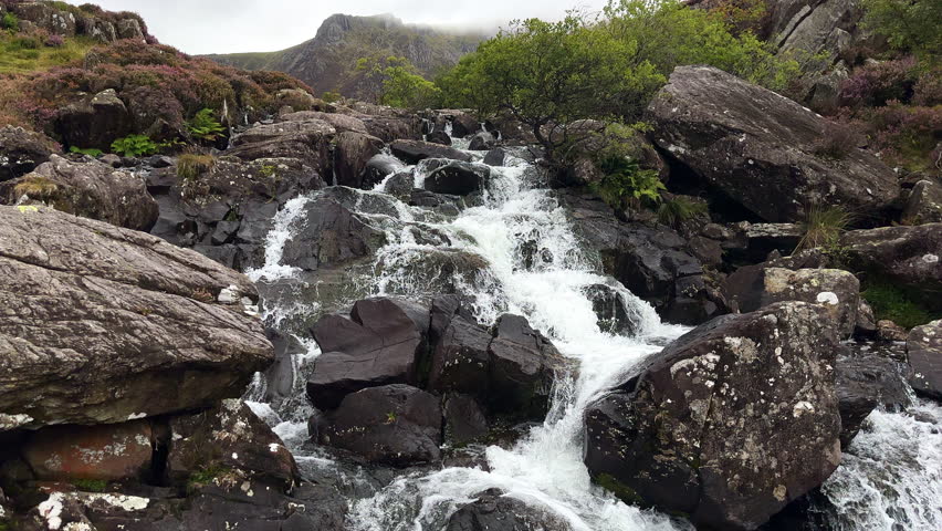 Afon Idwal River Waterfall Cascades View to Y Garn Peak, Snowdonia National Park, Bethesda, Wales, United Kingdom