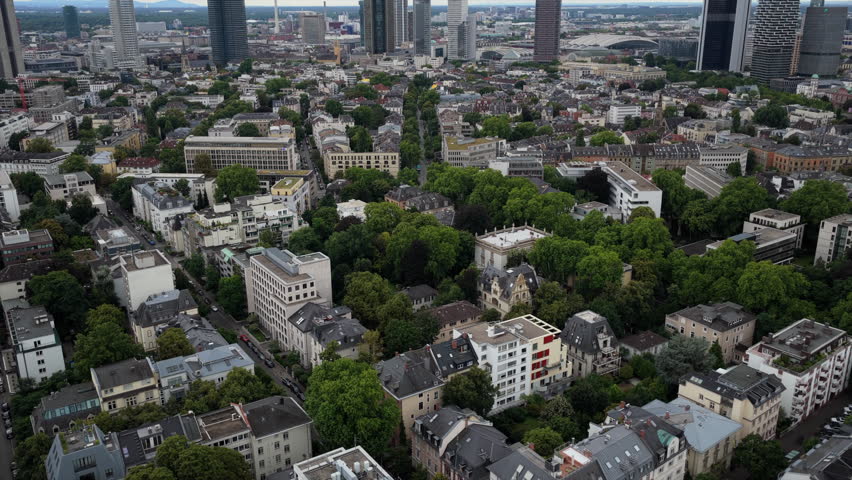 Frankfurt am Main aerial city view with residential buildings and financial district skyscrapers in Germany corporate center