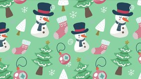 Seamless holiday pattern featuring snowmen, decorated trees, pink mittens, ornaments, and festive accents. Perfect for seasonal wrapping paper, textiles, and cheerful winter-themed designs. - Powered by Shutterstock - Get 15% off with code: PIKWIZARD15